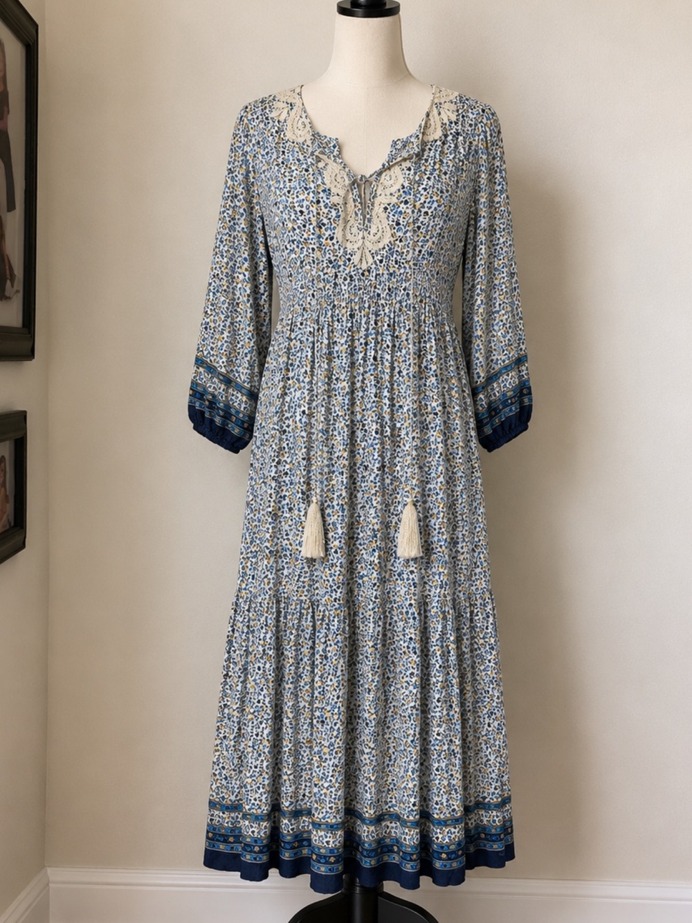 Blue Floral Maxi Dress with Lace Trim and Tassels